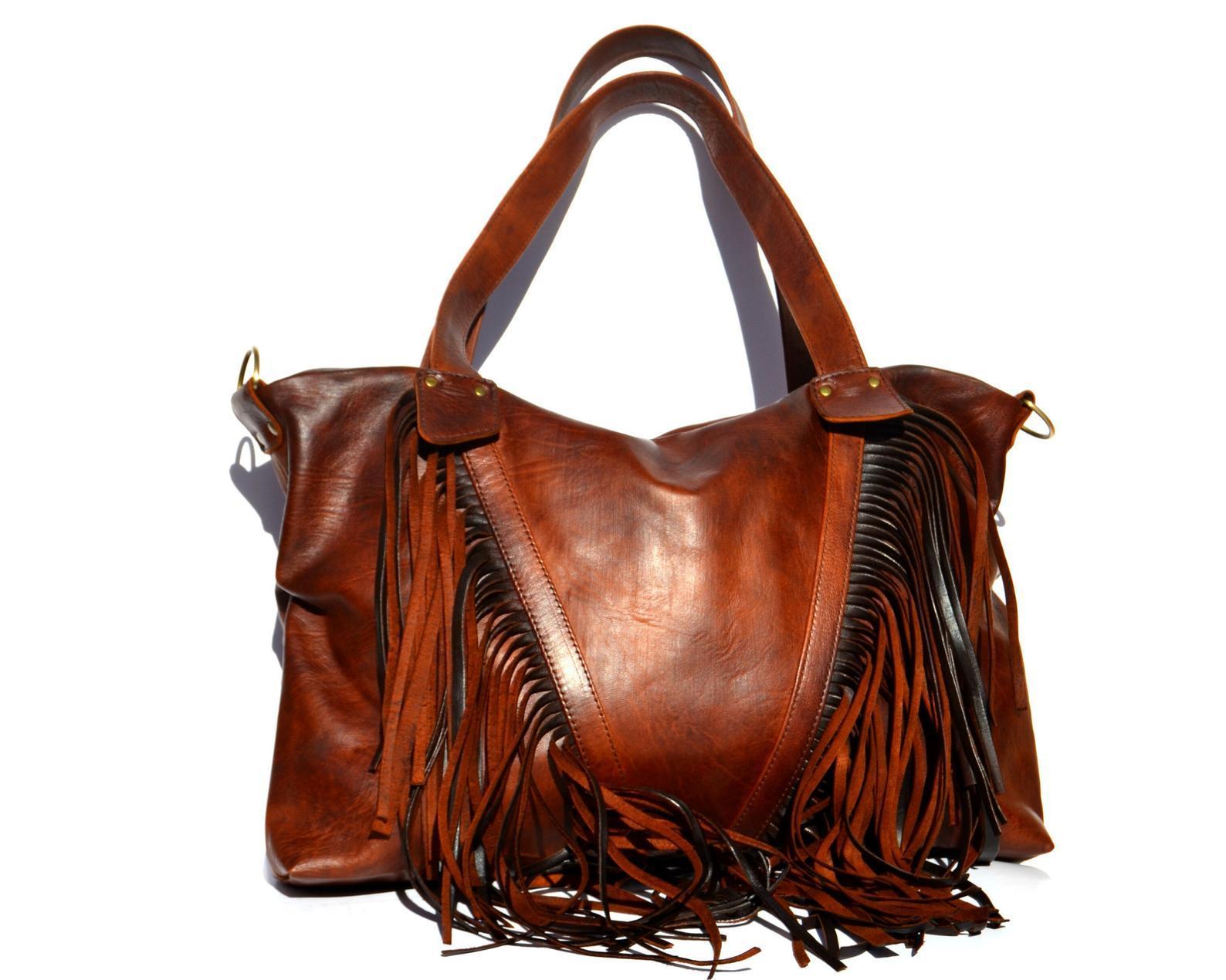 Perrini Brown Fringed Cross Body Purse Fringe Boho Leather Bag Crossbody  Handbag