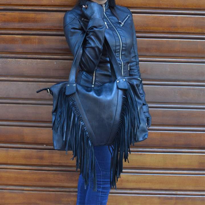 Boho Ladies Black Leather Fringe Purse Cross Shoulder Bag – igemstonejewelry