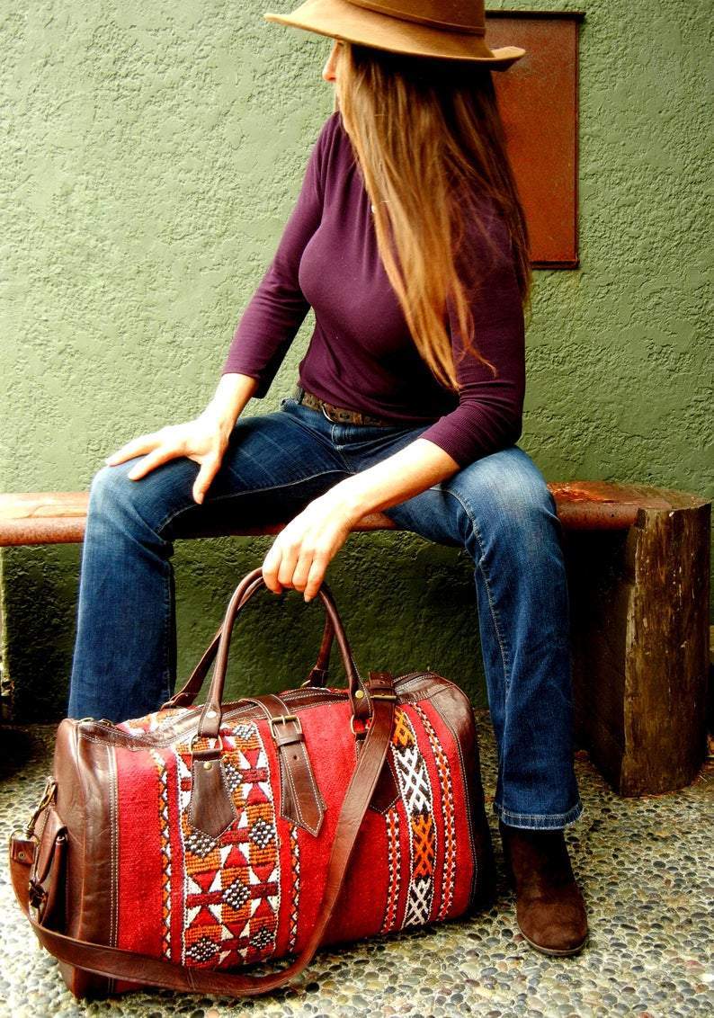Travel Adventure Leather Bag Kilim Boho Weekender Bag Kilim 
